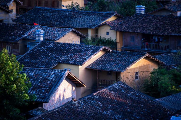 Charming view of traditional village rooftops under the soft light of twilight.